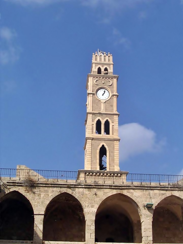 The clock tower above Khan el-Umdan.