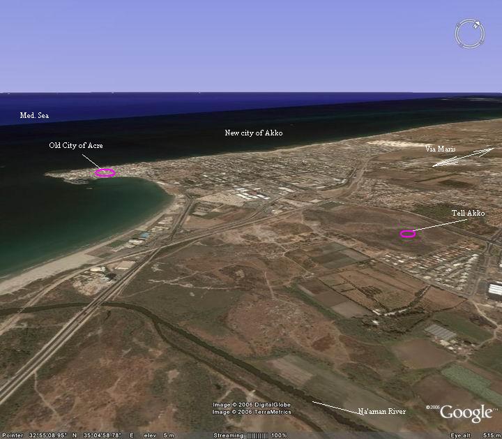 This photo shows an aeriel view of the area of Tell Akko. Point on the purple spots to skip to a review of that site.