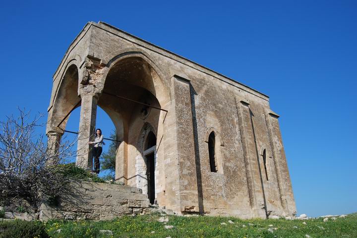 Ruins of the church of Our Lady of the Fright; south view with Rotem