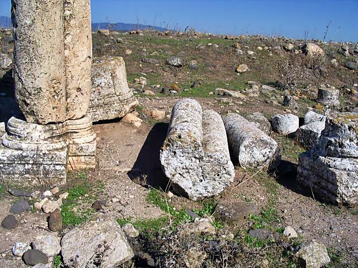 A detail of the pillars in the ancient synagogue in Khirbet Ammudim.