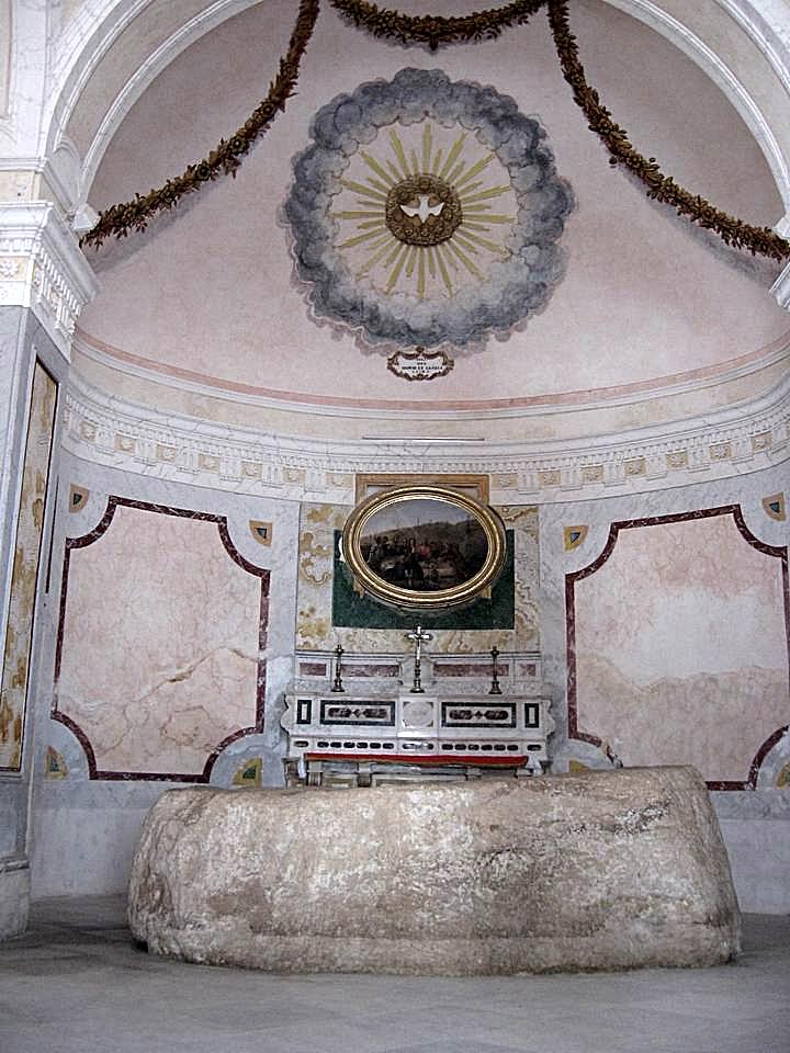 Interior of the Mensa Christi church, and the slab of rock.